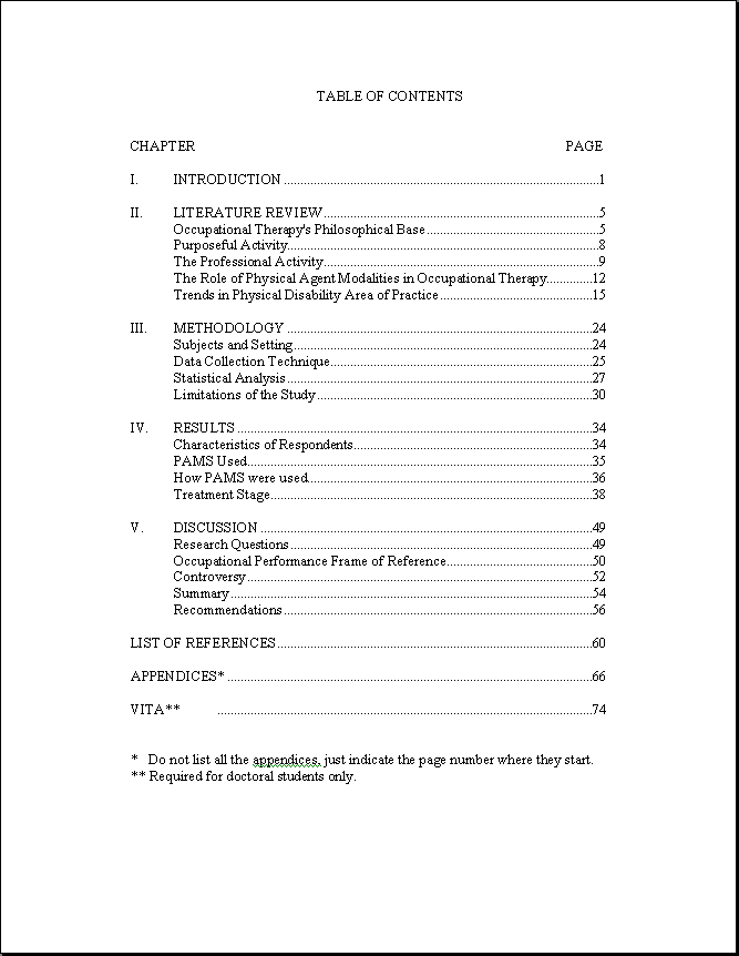 examples of table of contents in research paper